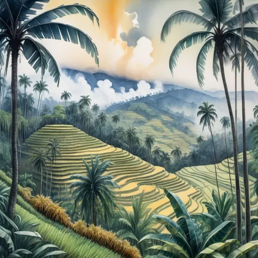 Prompt: A panoramic view of tropical rice terraces, shaded by tall palm and banana trees. In the distance, smoke ascends through misty forested regions to storm clouds with lightning strikes aglow with late afternoon light. Watercolor wet wash, gouache, oil pastels. hyperdetailed, expressionism, minimalist. sharp focus 64k resolution, photorealism. Dynamic lighting, cinematic. Manet, Matisse, Kandinsky, Degas. 