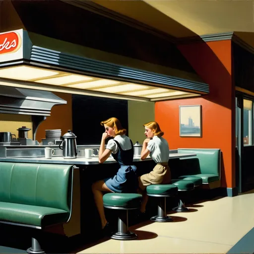 Prompt: Lonely Night at a diner, tired waitress, short order cook by griddle, only two customers, sitting and drinking coffee on stools. Edward Hopper.