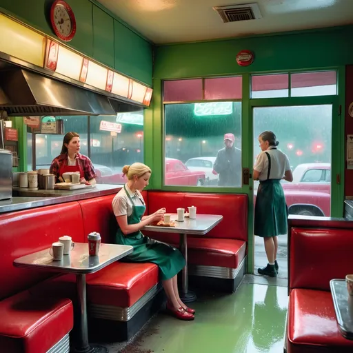 Prompt: Wide-angle, medium shot seen through a window.
Rainy late Night at a Diner, a tired-looking waitress, a short order cook standing by a griddle, two ladies sitting at a red leatherette banquette drinking coffee and one man drinking coffee at a counter on a green leatherette stool. Watercolor wash, voucher, oil pastels, dynamic lighting, cinematic, hyperdetailed, photorealistic, 64k resolution. Ashcan school. Edward Hopper, Renoir, Manet, Rembrandt, Monet, Degas, Toulouse-Latrec, Matisse, Picasso.