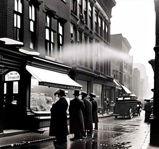 Prompt: Lower East Side, NYC turn of the century. 
Storefront shops with tarp covers vending baked goods, bagels, Bialys, delicatessen offerings and diners. Jewish men and boys wearing yarmulkes. Cars parked in street. Sidewalks full of shoppers and onlookers. Drizzling rain amidst the late afternoon gloom. Taller office buildings and in the distance, the Brooklyn bridge is visible.