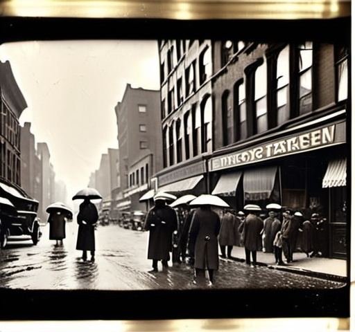 Prompt: Lower East Side, NYC turn of the century. 
Storefront shops with tarp covers vending baked goods, bagels, Bialys, delicatessen offerings and diners. Jewish men and boys wearing yarmulkes. Cars parked in street. Sidewalks full of shoppers and onlookers. Drizzling rain amidst the late afternoon gloom. Taller office buildings and in the distance, the Brooklyn bridge is visible.