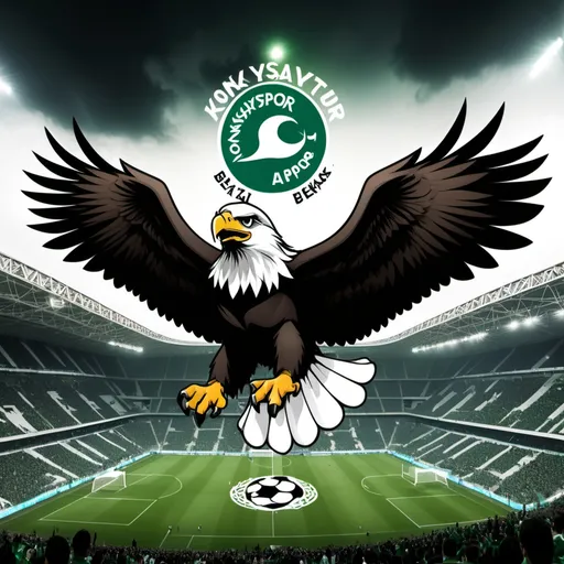 Prompt: 
When Konyaspor wins against Beşiktaş, I want this eagle to appear above Beşiktaş's stadium, higher and wilder than its own symbol, the eagle.