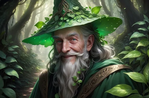 Prompt: kind eyes, smiling, old wise man, (botanical cloak), walking through an enchanted forest , gently touching lush basil leaves, (green beard), (green velvety hat),  grey eyes, surrounded by vibrant greenery, dappled , mystical ambiance, (highly detailed), (4K quality), reflecting an aura of wisdom and magic.