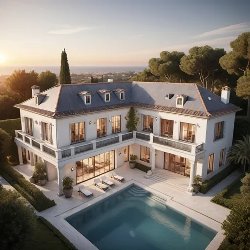 Prompt: Old French contemporary L-shaped house, grey roof tiles, white walls, elegant, slight slope, pool, large windows, Mediterranean sunset, high angle view, detailed, realistic, high quality, architectural rendering, Mediterranean, sunset lighting, sprawling layout, luxurious, sophisticated design