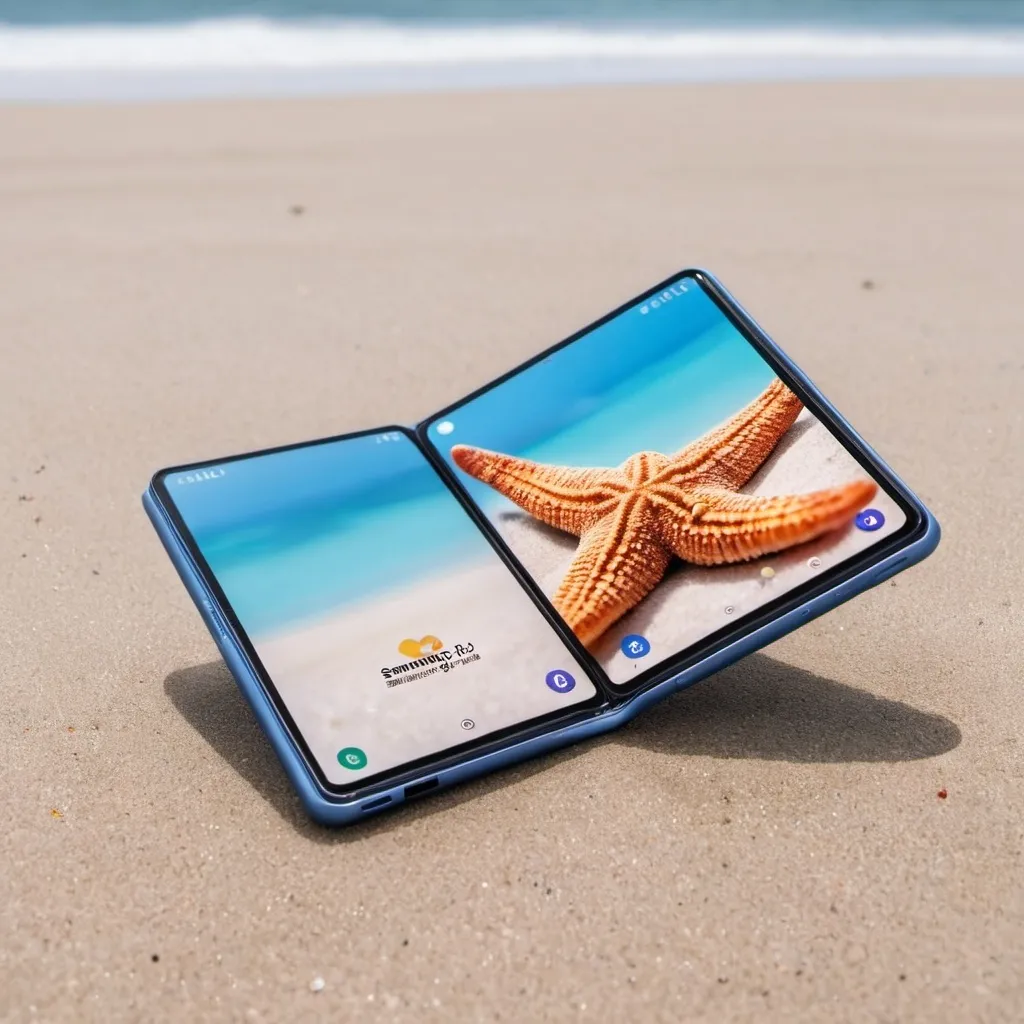 Prompt: The main product is Samsung Z Fold 6 and   in the shore of the beach with some starfish  with blue sky