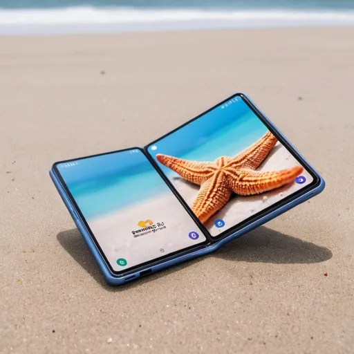 Prompt: The main product is Samsung Z Fold 6 and   in the shore of the beach with some starfish  with blue sky