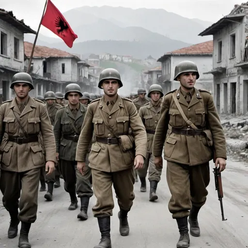 Prompt: generate an image of the Albania in World War 2 where you show the suffer and will of the albanian people to win the war 
