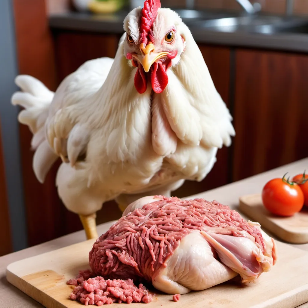 Prompt: A chicken who eats raw minced meat