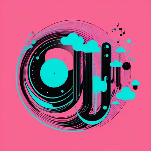 Prompt: illustration music, cyan pink, symbolism, cloudcore, endercore, black background, wavy lines organic shapes, logo