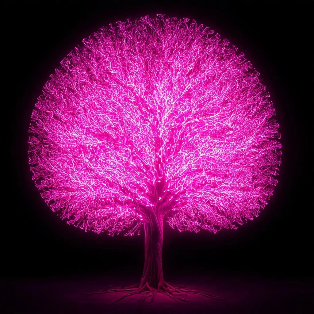 Prompt: pink tree shaped light painting black backdrop, minimalistic, elegant line design