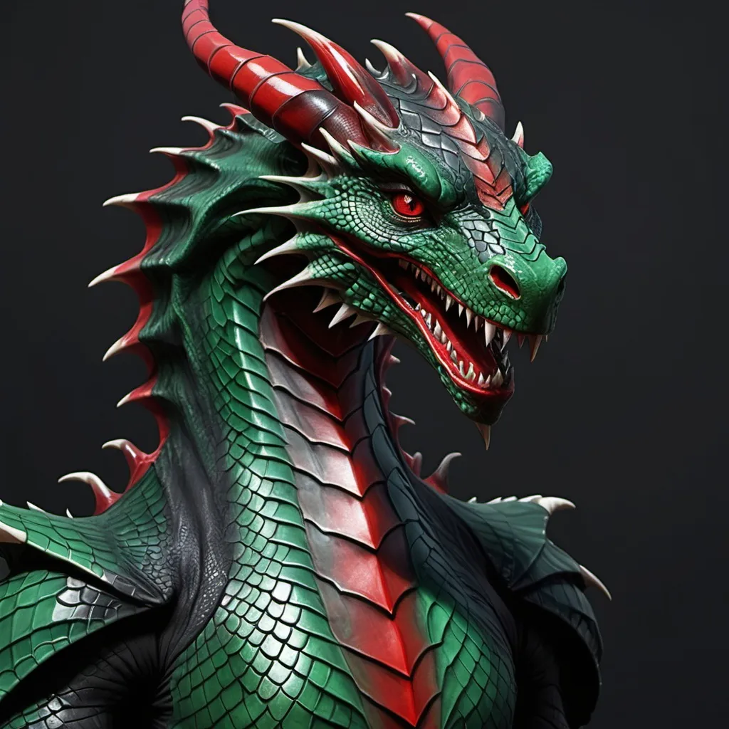 Prompt: Human Dragon hybrid  with Red eys and Dark Green and Black scales 
