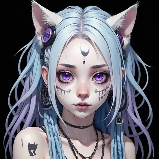 Prompt: grunge anime ghost cat girl with white skin, blue long dreadlocs, purple eyes, and piercings
