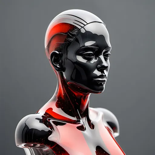 Prompt: android bust made of mineral .covered  in transparent  liquid  of red and black color . with minimal background of grey and light white realistic 3D effect. minimalistic and futuristic. half body