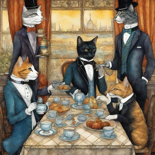 Prompt: surreal anthropomorphic cats and dogs dressed in fashion tuxedos having tea art by Sam Toft, Claudia Tremblay, William Timlin, Axel Scheffler, Charles Robinson, pol Ledent, endre penovac, Gustave Loiseau. inlay, watercolors and ink, beautiful, fantastic view, extremely detailed, intricate, best quality, highest definition, rich colours. intricate beautiful, award winning fantastic view ultra detailed, 3D high definition