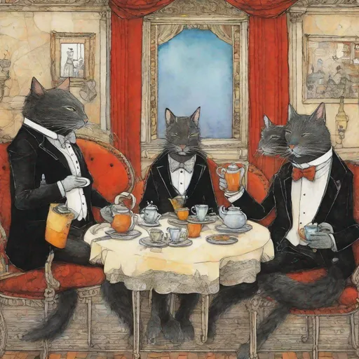 Prompt: Pretty surreal anthropomorphic cats dressed in fashion tuxedos having tea art by Sam Toft, quino, Claudia Tremblay, William Timlin, Axel Scheffler, Charles Robinson, pol Ledent, endre penovac, Gustave Loiseau. inlay, watercolors and ink, beautiful, fantastic view, extremely detailed, intricate, best quality, highest definition, rich colours. intricate beautiful, award winning fantastic view ultra detailed, 3D high definition