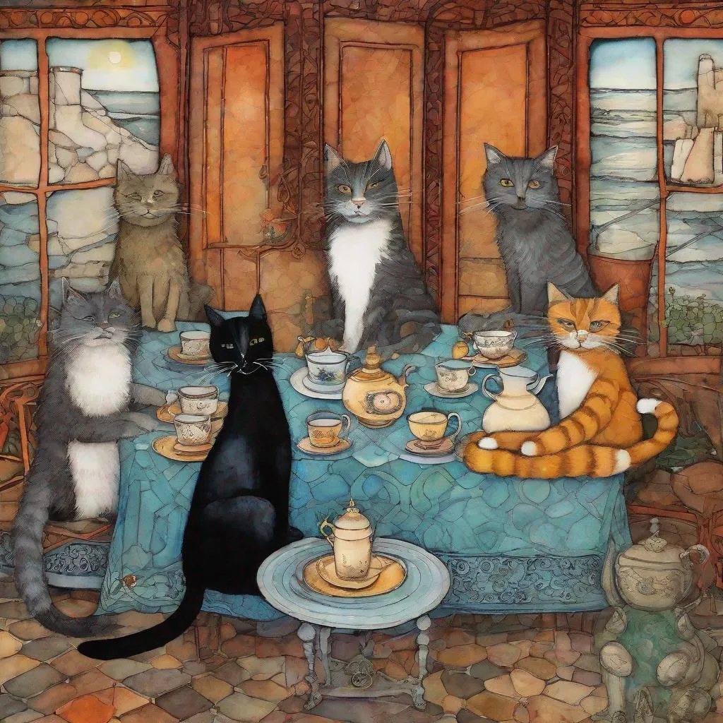 Prompt: surreal anthropomorphic cats and dogs having tea art by Sam Toft, Claudia Tremblay, William Timlin, Axel Scheffler, Charles Robinson, pol Ledent, endre penovac, Gustave Loiseau. inlay, watercolors and ink, beautiful, fantastic view, extremely detailed, intricate, best quality, highest definition, rich colours. intricate beautiful, award winning fantastic view ultra detailed, 3D high definition