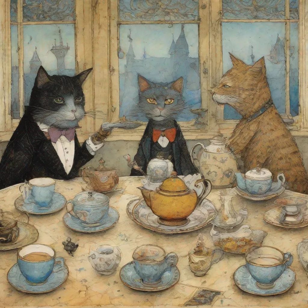 Prompt: surreal anthropomorphic cats and dogs having 5oclock tea art by Sam Toft, William Timlin, Axel Scheffler, Charles Robinson, pol Ledent, endre penovac, Gustave Loiseau. inlay, watercolors and ink, beautiful, fantastic view, extremely detailed, intricate, best quality, highest definition, rich colours. intricate beautiful, award winning fantastic view ultra detailed, 3D high definition