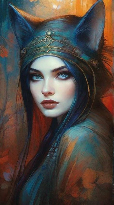 Prompt: A beautiful mysterious gothic mage and her magical cat art style by Agnieszka Lorek, John Larriva, Edward Robert Hughes, Lalla Essaydi, Rimel Neffati, Ryoichi Kurokawa, Mikalojus Konstantinas Ciurlionis. Ethereal gloomy mood, Mixed media, guache, beautiful realistic eyes, watercolor and ink, impressionist, 3d, volumetric lighting.