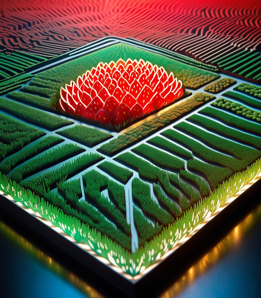 Prompt: isometric dutch angle view of glowing fields of frosted strawberry fields:: macro photography, hyperrealism, raussenberg, laser etched paper collage, fireworn steel