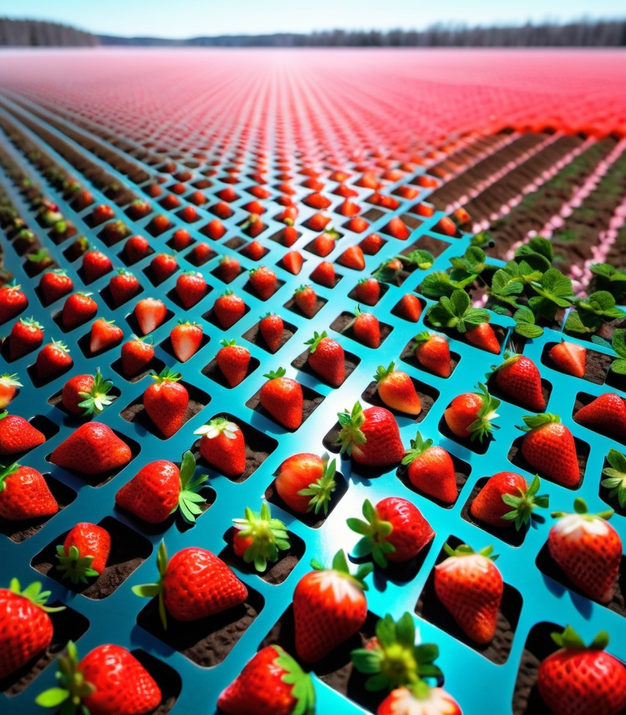 Prompt: isometric dutch angle view of glowing fields of frosted strawberry fields:: macro photography, hyperrealism, raussenberg, laser etched paper collage, fireworn steel