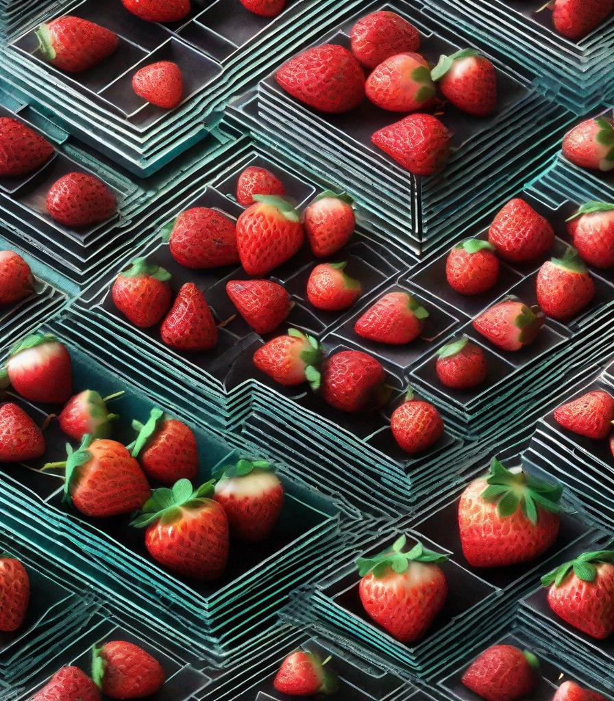 Prompt: isometric dutch angle view of glowing fields of frosted strawberry fields:: macro photography, hyperrealism, raussenberg, laser etched paper collage, fireworn steel