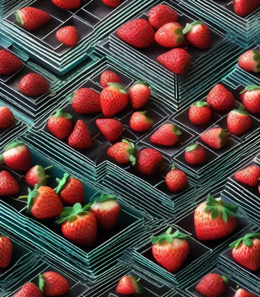 Prompt: isometric dutch angle view of glowing fields of frosted strawberry fields:: macro photography, hyperrealism, raussenberg, laser etched paper collage, fireworn steel