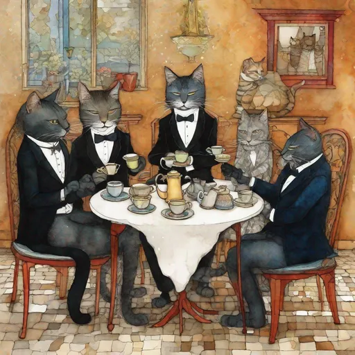 Prompt: surreal anthropomorphic cats dressed in fashion tuxedos having tea art by Sam Toft, Claudia Tremblay, William Timlin, Axel Scheffler, Charles Robinson, pol Ledent, endre penovac, Gustave Loiseau. inlay, watercolors and ink, beautiful, fantastic view, extremely detailed, intricate, best quality, highest definition, rich colours. intricate beautiful, award winning fantastic view ultra detailed, 3D high definition