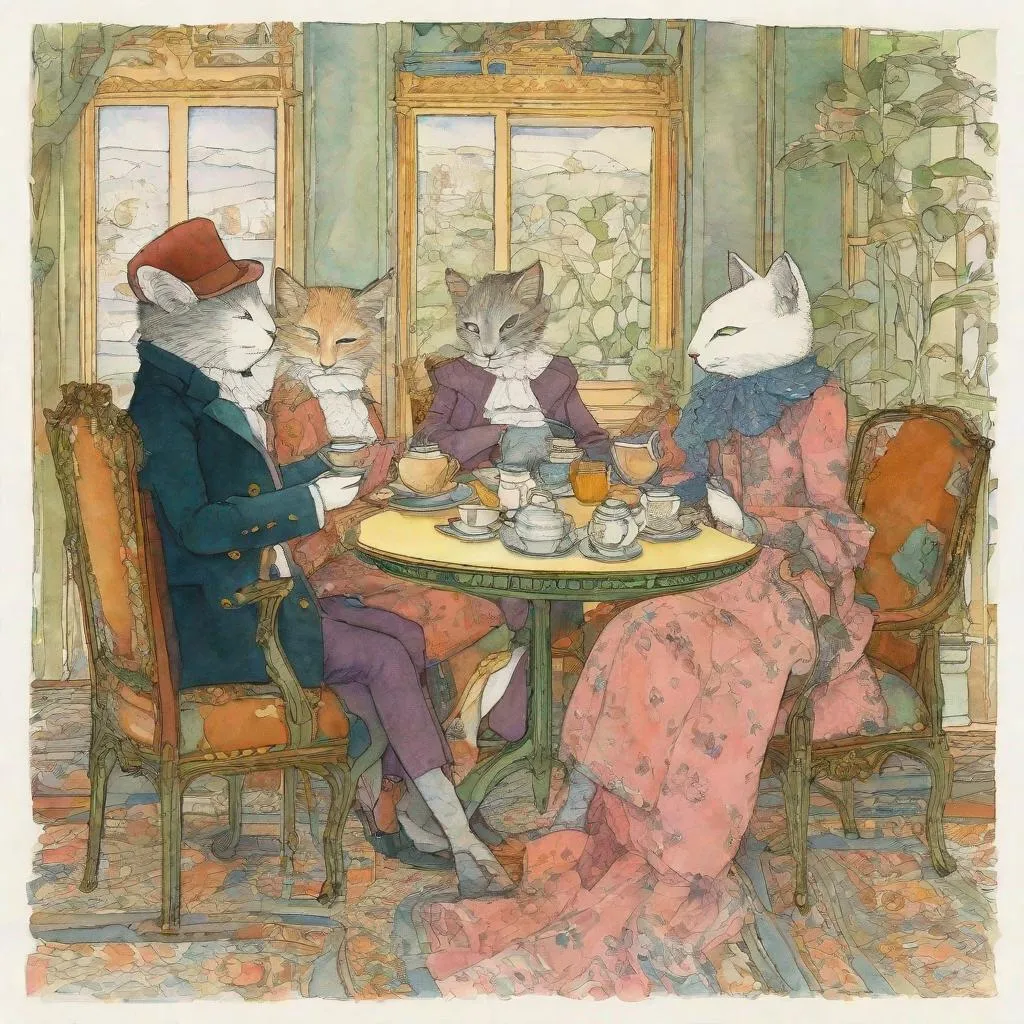 Prompt: A lovely afternoon with surreal anthropomorphic very pretty cats dressed in fashion clothes having tea art by Tomie dePaola, Wotto, Tillie Walden, William Timlin, Axel Scheffler, Charles Robinson, pol Ledent, endre penovac, Gustave Loiseau. inlay, watercolors and ink, beautiful, fantastic view, extremely detailed, intricate, best quality, highest definition, rich colours. intricate beautiful, award winning fantastic view ultra detailed, 3D high definition