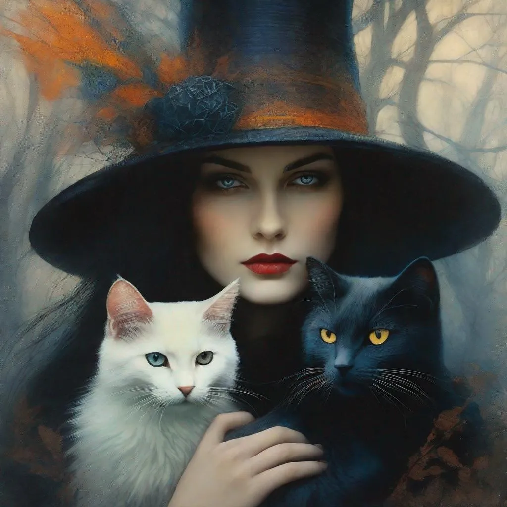 Prompt: A beautiful mysterious witch holding her magical bicolor cat art style by Edward Robert Hughes, Rimel Neffati, Felicia Simion, Charles Rennie Mackintosh, Sidney Nolan, Kim Keever, Mikalojus Konstantinas Ciurlionis. Ethereal gloomy mood, Mixed media, guache, beautiful realistic eyes, watercolor and ink, impressionist, 3d, volumetric lighting.