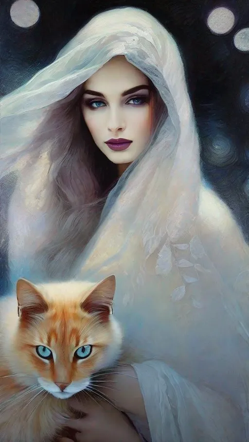 Prompt: A beautiful mysterious gothic witch holding her magical bicolor cat art style by Edward Robert Hughes, Rimel Neffati, Felicia Simion, Nicholas Hilliard, Sidney Nolan, Kim Keever, Mikalojus Konstantinas Ciurlionis. Ethereal gloomy mood, Mixed media, guache, beautiful realistic eyes, watercolor and ink, impressionist, 3d, volumetric lighting.