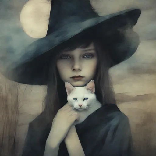 Prompt: A beautiful mysterious young witch holding her magical bicolor cat art style by Sarah moon, Rimel Neffati, Felicia Simion, Charles Rennie Mackintosh, Sidney Nolan, Kim Keever, Mikalojus Konstantinas Ciurlionis. Ethereal gloomy background, Mixed media, guache, beautiful realistic eyes, watercolor and ink, impressionist, 3d, volumetric lighting.