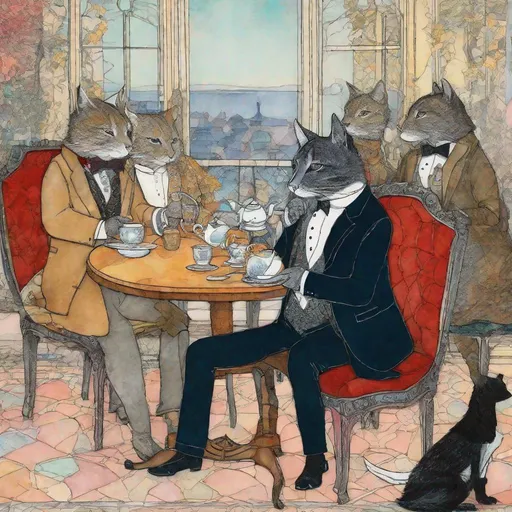 Prompt: surreal anthropomorphic very pretty cats dressed in fashion tuxedos having tea art by Wotto, Sam Toft, Tillie Walden, William Timlin, Axel Scheffler, Charles Robinson, pol Ledent, endre penovac, Gustave Loiseau. inlay, watercolors and ink, beautiful, fantastic view, extremely detailed, intricate, best quality, highest definition, rich colours. intricate beautiful, award winning fantastic view ultra detailed, 3D high definition