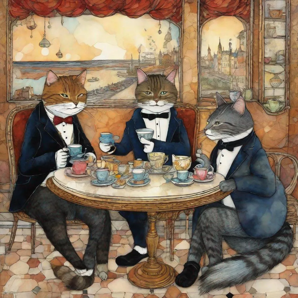Prompt: surreal anthropomorphic cats dressed in fashion tuxedos having tea art by Sam Toft, quino, Claudia Tremblay, William Timlin, Axel Scheffler, Charles Robinson, pol Ledent, endre penovac, Gustave Loiseau. inlay, watercolors and ink, beautiful, fantastic view, extremely detailed, intricate, best quality, highest definition, rich colours. intricate beautiful, award winning fantastic view ultra detailed, 3D high definition