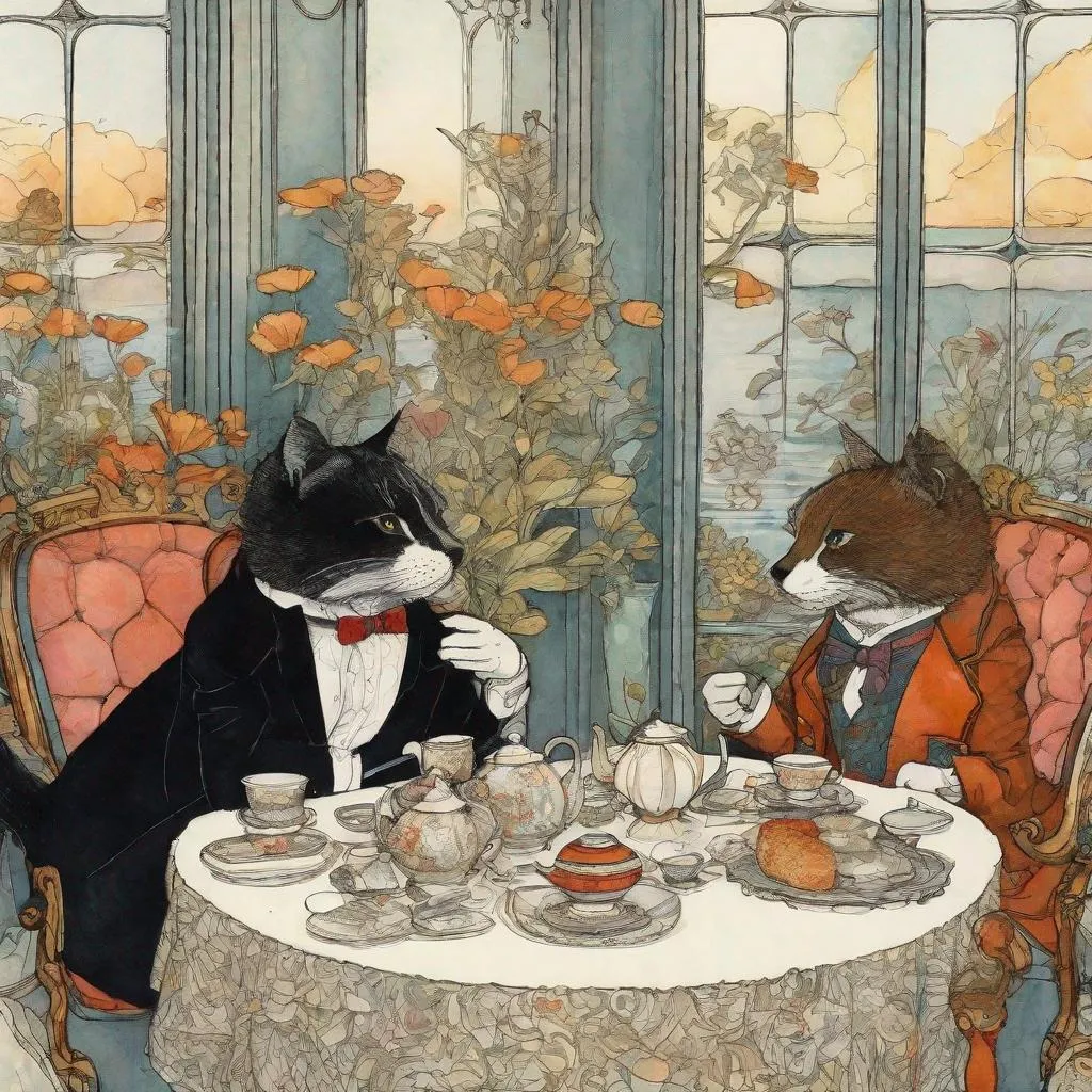 Prompt: surreal anthropomorphic very pretty cats dressed in fashion tuxedos having tea art by Tomie dePaola, Wotto, Tillie Walden, William Timlin, Axel Scheffler, Charles Robinson, pol Ledent, endre penovac, Gustave Loiseau. inlay, watercolors and ink, beautiful, fantastic view, extremely detailed, intricate, best quality, highest definition, rich colours. intricate beautiful, award winning fantastic view ultra detailed, 3D high definition