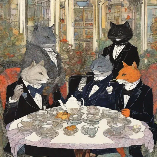 Prompt: surreal anthropomorphic very pretty cats dressed in fashion tuxedos having tea art by Tomie dePaola, Wotto, Tillie Walden, William Timlin, Axel Scheffler, Charles Robinson, pol Ledent, endre penovac, Gustave Loiseau. inlay, watercolors and ink, beautiful, fantastic view, extremely detailed, intricate, best quality, highest definition, rich colours. intricate beautiful, award winning fantastic view ultra detailed, 3D high definition