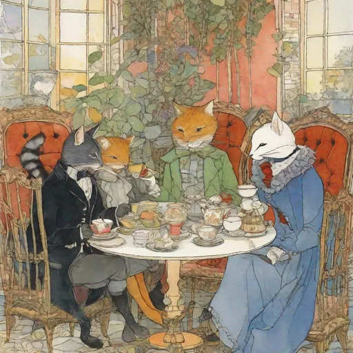 Prompt: A lovely afternoon, surreal anthropomorphic very pretty cats dressed in fashion clothes having tea art by Tomie dePaola, Wotto, Tillie Walden, William Timlin, Axel Scheffler, Charles Robinson, pol Ledent, endre penovac, Gustave Loiseau. inlay, watercolors and ink, beautiful, fantastic view, extremely detailed, intricate, best quality, highest definition, rich colours. intricate beautiful, award winning fantastic view ultra detailed, 3D high definition