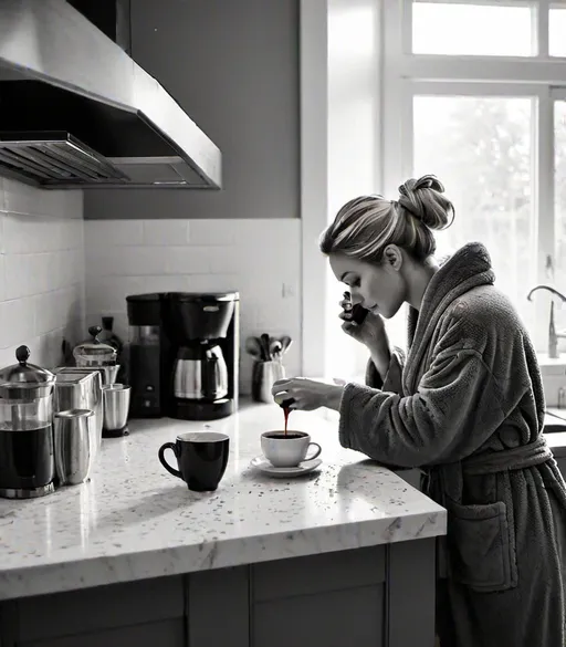 Prompt: seemingly young woman is leaning over a isometricv::3 kitchen countertop in a casual, grey bathrobe, her blonde hair tied in a messy bun. Her head is tilted downwards, hiding her face. She is absentmindedly pouring coffee from a French Press, but it's missing the cup and dripping onto the countertop. The setting is a typical kitchen with a stove, paper towels, spice containers, an oil bottle, and a coffee grinder. The wooden countertop is scattered with coffee beans, indicating recent use. The woman's posture suggests exhaustion or resignation, leaning heavily on the counter. The scene is captured in black and white photography, emphasizing the textures of the wood, the softness of the bathrobe, and the shine of the coffee utensils. The focus is sharp on the main figure, with a depth of field that blurs the background slightly. The scene, devoid of any signs of collage or layering, appears real and unified, perhaps symbolizing overwhelm or a humorous take on morning routines. The image seems to be digitally captured and processed, with no visible signs of analog photography artifacts like film grain. 