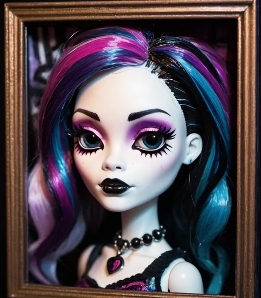 Prompt: A photograph of a Monster High doll, macro photography and impressionist painting blend, isometric angle. Gothic aesthetic, detailed accessories, moody yet colorful. Created Using: Gothic doll style, macro photography, impressionist painting, isometric framing, vibrant yet dark palette, X prompt, hd quality, natural look 