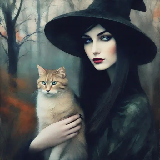 Prompt: A beautiful mysterious witch holding her magical bicolor cat art style by Sarah moon, Rimel Neffati, Felicia Simion, Edward Robert Hughes, Charles Rennie Mackintosh, Sidney Nolan, Kim Keever, Mikalojus Konstantinas Ciurlionis. Ethereal gloomy background, Mixed media, guache, beautiful realistic eyes, watercolor and ink, impressionist, 3d, volumetric lighting.