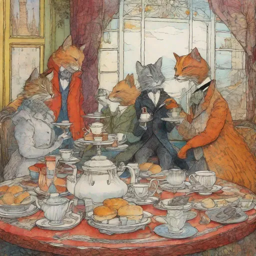 Prompt: A lovely afternoon, surreal anthropomorphic very pretty cats dressed in fashion clothes having tea art by glen Keane, Sam Toft, Tillie Walden, William Timlin, Axel Scheffler, Charles Robinson, pol Ledent, endre penovac, Gustave Loiseau. inlay, watercolors and ink, beautiful, fantastic view, extremely detailed, intricate, best quality, highest definition, rich colours. intricate beautiful, award winning fantastic view ultra detailed, 3D high definition