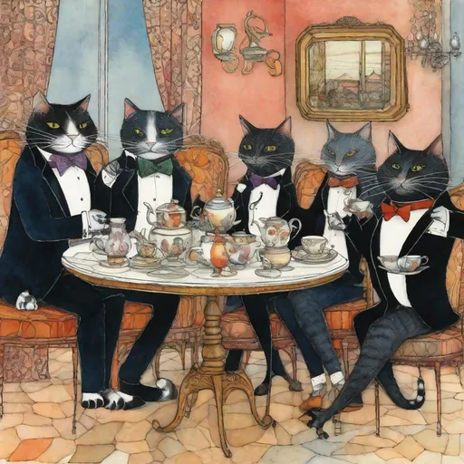 Prompt: Pretty surreal anthropomorphic cats dressed in fashion tuxedos having tea art by Sam Toft, quino, Claudia Tremblay, William Timlin, Axel Scheffler, Charles Robinson, pol Ledent, endre penovac, Gustave Loiseau. inlay, watercolors and ink, beautiful, fantastic view, extremely detailed, intricate, best quality, highest definition, rich colours. intricate beautiful, award winning fantastic view ultra detailed, 3D high definition