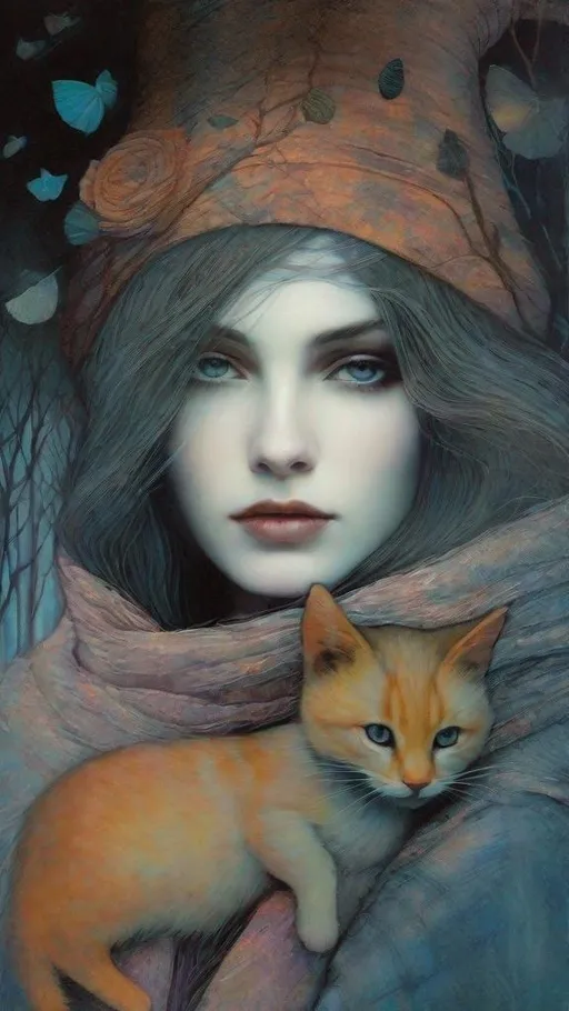 Prompt: A beautiful mysterious witch holding her magical bicolor cat art style by Edward Robert Hughes, Rimel Neffati, Felicia Simion, Charles Rennie Mackintosh, Sidney Nolan, Kim Keever, Mikalojus Konstantinas Ciurlionis. Ethereal gloomy mood, Mixed media, guache, beautiful realistic eyes, watercolor and ink, impressionist, 3d, volumetric lighting.