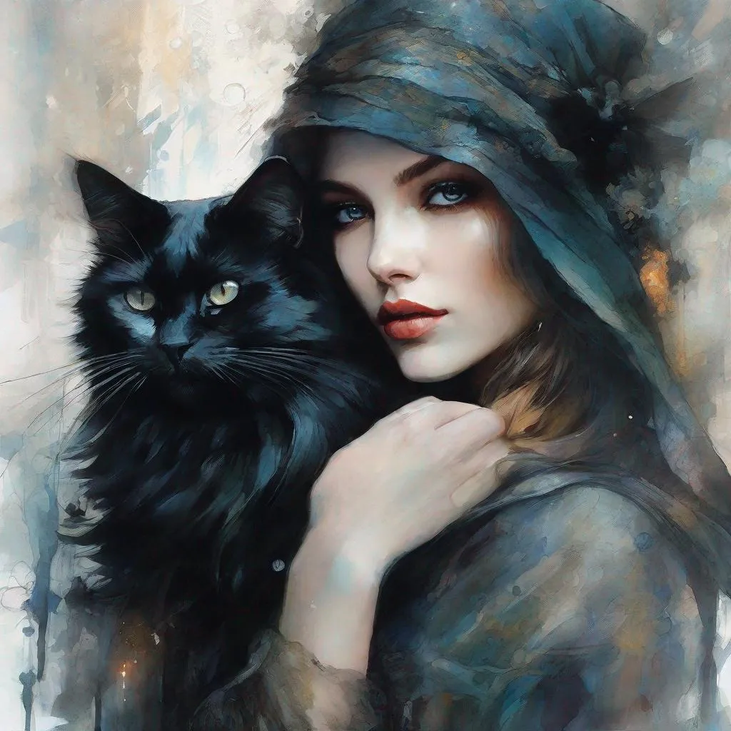 Prompt: A beautiful mysterious gothic mage holding her magical cat art style by Agnieszka Lorek, John Larriva, Edward Robert Hughes, Lalla Essaydi, Rimel Neffati, Ryoichi Kurokawa, Mikalojus Konstantinas Ciurlionis. Ethereal gloomy mood, Mixed media, guache, beautiful realistic eyes, watercolor and ink, impressionist, 3d, volumetric lighting.