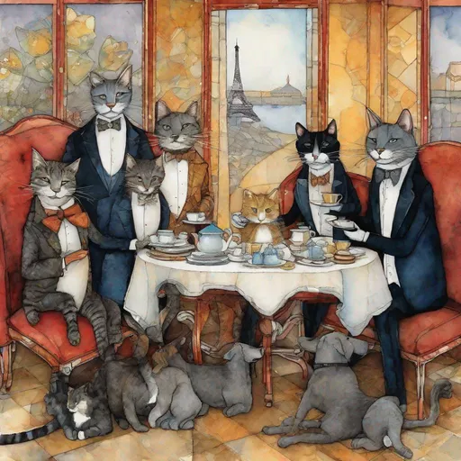 Prompt: surreal anthropomorphic cats and dogs dressed in fashion tuxedos having tea art by Sam Toft, Claudia Tremblay, William Timlin, Axel Scheffler, Charles Robinson, pol Ledent, endre penovac, Gustave Loiseau. inlay, watercolors and ink, beautiful, fantastic view, extremely detailed, intricate, best quality, highest definition, rich colours. intricate beautiful, award winning fantastic view ultra detailed, 3D high definition