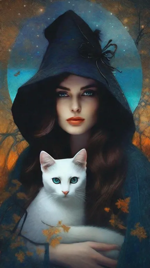 Prompt: A beautiful mysterious witch holding her magical bicolor cat art style by Edward Robert Hughes, Rimel Neffati, Felicia Simion, Nicholas Hilliard, Sidney Nolan, Kim Keever, Mikalojus Konstantinas Ciurlionis. Ethereal gloomy mood, Mixed media, guache, beautiful realistic eyes, watercolor and ink, impressionist, 3d, volumetric lighting.