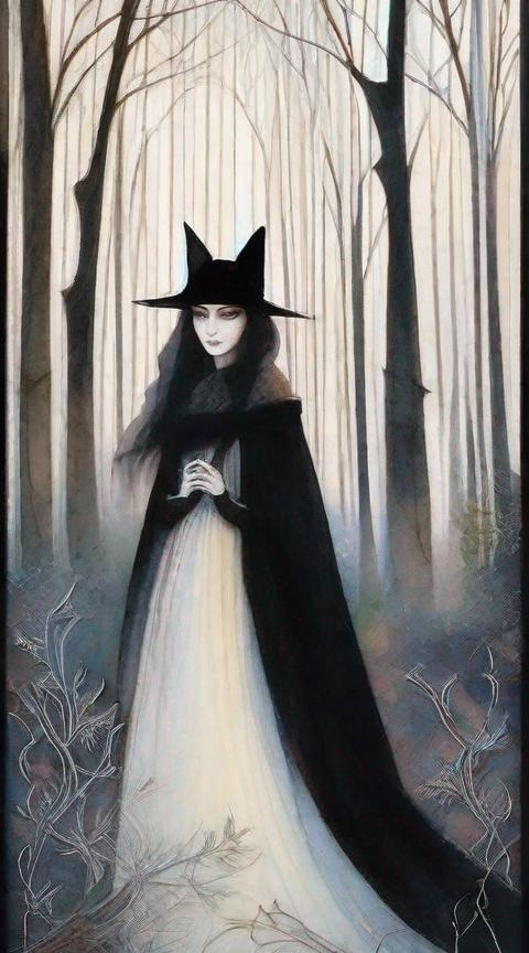 Prompt: A beautiful mysterious gothic witch and her magical cat art style by Agnieszka Lorek, Edward Robert Hughes, Lalla Essaydi, Rimel Neffati, Ryoichi Kurokawa, Mikalojus Konstantinas Ciurlionis. Ethereal gloomy mood, Mixed media, guache, beautiful realistic eyes, watercolor and ink, impressionist, 3d, volumetric lighting.