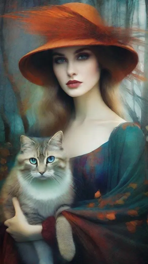 Prompt: A beautiful mysterious witch holding her magical bicolor cat art style by Edward Robert Hughes, Rimel Neffati, Felicia Simion, Charles Rennie Mackintosh, Sidney Nolan, Kim Keever, Mikalojus Konstantinas Ciurlionis. Ethereal gloomy mood, Mixed media, guache, beautiful realistic eyes, watercolor and ink, impressionist, 3d, volumetric lighting.