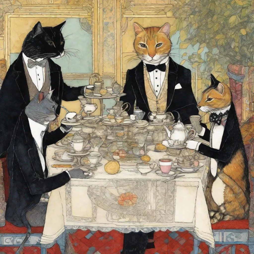 Prompt: surreal anthropomorphic very pretty cats dressed in fashion tuxedos having tea art by Sam Toft, Wotto, Tillie Walden, William Timlin, Axel Scheffler, Charles Robinson, pol Ledent, endre penovac, Gustave Loiseau. inlay, watercolors and ink, beautiful, fantastic view, extremely detailed, intricate, best quality, highest definition, rich colours. intricate beautiful, award winning fantastic view ultra detailed, 3D high definition