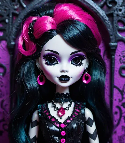 Prompt: A photograph of a Monster High doll, macro photography and impressionist painting blend, isometric angle. Gothic aesthetic, detailed accessories, moody yet colorful. Created Using: Gothic doll style, macro photography, impressionist painting, isometric framing, vibrant yet dark palette, X prompt, hd quality, natural look 