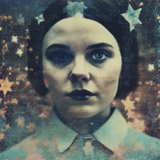 Prompt: portrait of Wednesday Adams made from a collage of analog photographs of Poltergeists, sparklecore, gradient highlights, star dust overlay, cross processing, experiential collage techniques, light leaks, expired damaged film, Canon EOS R7, multilayered collage, anaglyphic photo effect, double exposure photo effect